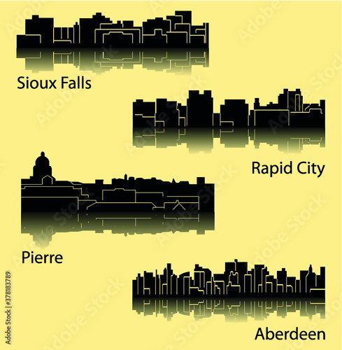 Set of 4 city silhouette in South Dakota ( Pierre, Rapid City, Sioux Falls, Aberdeen ) photo