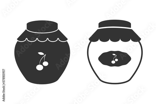 Cherry jam jar icon, black fill, contour flat style design, white background, vector