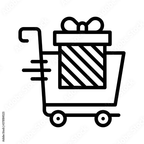 gift box related gift box with strips and shopping trolly vector in lineal style,