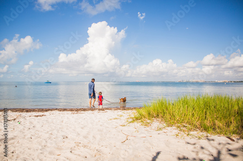 Father son and dog at the beach on a beautiful hot summer day with blue sky, white clouds, white sand, green grass, and clear water.