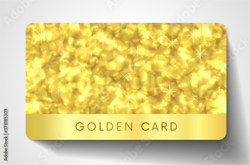 Golden card design. Holiday background with gold circles (sparkles bokeh pattern). Blank vector template useful for Gift Certificate, Voucher, coupon design