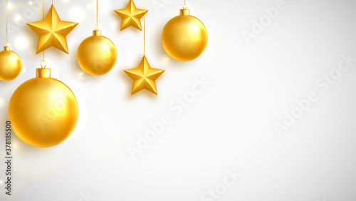Christmas gold balls and stars garland on white banner. Golden glass xmas toys. Luxury hanging baubles with ribbon. Bright Holiday ornament. Festive glitter design elements. Vector illustration