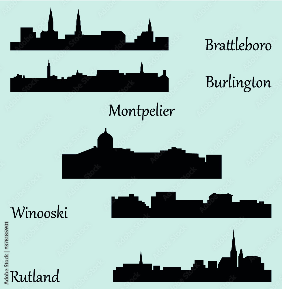 Set of 5 City Silhouette in Vermont ( Montpelier, Burlington, Brattleboro, Winooski, Rutland )