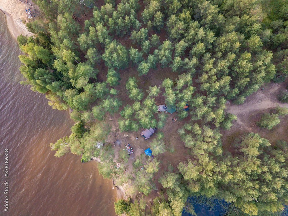 Aerial top view of  Volga river island called 