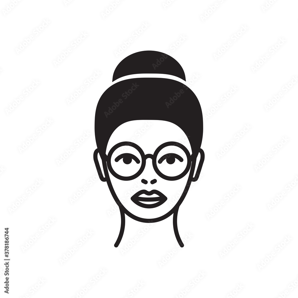 Vector girl with glasses head icon. Flat illustration of girl head isolated on white background. Icon vector illustration sign symbol.