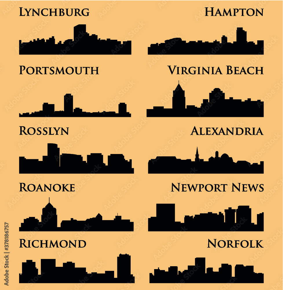 Set of 10 City Silhouette in Virginia ( Richmond, Norfolk, Roanoke, Rosslyn, Newport News, Alexandria, Portsmouth, Virginia Beach, Hampton, Lynchburg )