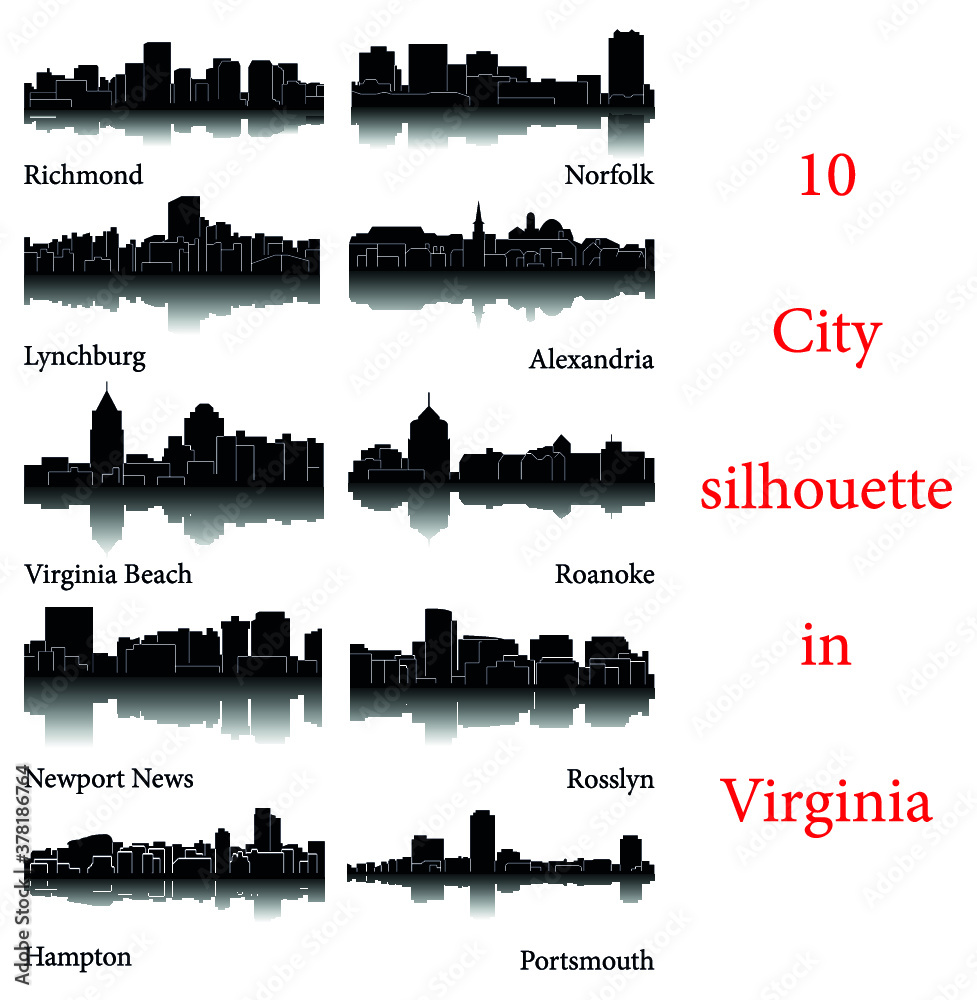 Set of 10 City Silhouette in Virginia ( Richmond, Norfolk, Roanoke, Rosslyn, Newport News, Alexandria, Portsmouth, Virginia Beach, Hampton, Lynchburg )
