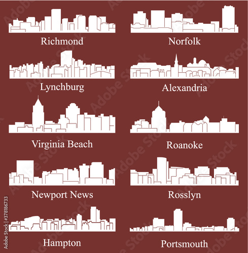 Set of 10 City Silhouette in Virginia ( Richmond, Norfolk, Roanoke, Rosslyn, Newport News, Alexandria, Portsmouth, Virginia Beach, Hampton, Lynchburg )