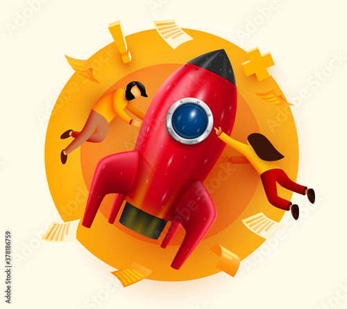 People flying around big rocket. Startup and starting business concept. Web page, banner, presentation. Business project startup process, idea through planning.