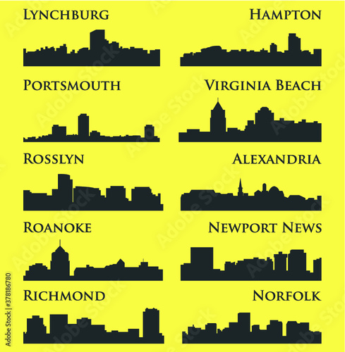 Set of 10 City Silhouette in Virginia ( Richmond, Norfolk, Roanoke, Rosslyn, Newport News, Alexandria, Portsmouth, Virginia Beach, Hampton, Lynchburg )