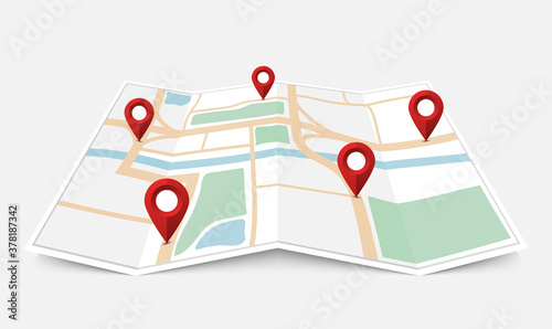 Folded paper city map with red pin pointer, vector illustration
