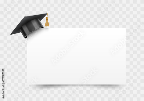 Graduation cap on white paper board corner, education design element, vector illustration