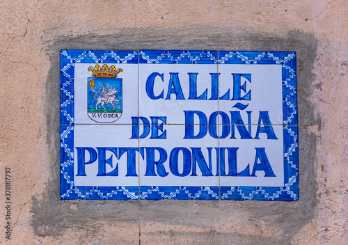 Street name sign in Huesca, Aragon, Spain