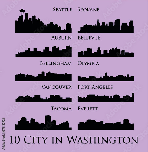 Set of 10 City Silhouette in Washington ( Seattle, Olympia, Auburn, Vancouver, Takoma, Spokane, Port Angeles, Bellingham, Bellevue, Everett )