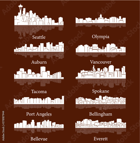 Set of 10 City Silhouette in Washington ( Seattle, Olympia, Auburn, Vancouver, Takoma, Spokane, Port Angeles, Bellingham, Bellevue, Everett )