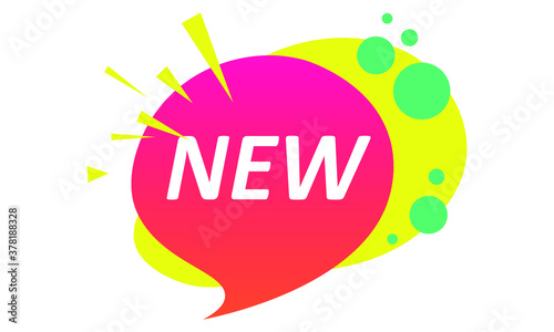 Red ticker new for sale in form of bubble with yellow and green elements. Sale banner. Bright badge, sign.