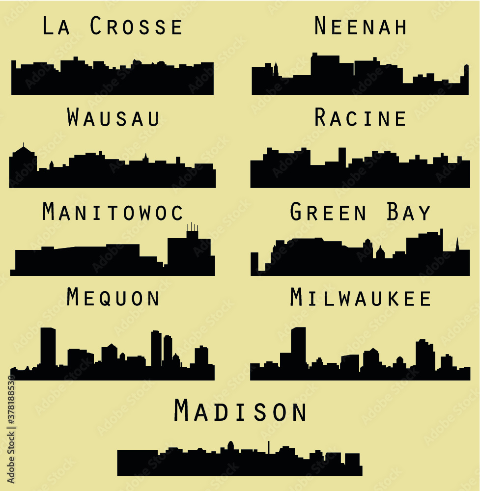 Set of 9 City Silhouette in Wisconsin ( Madison, La Crosse, Neenah, Wausau, Racine, Manitowoc, Green Bay, Mequon, Milwaukee )