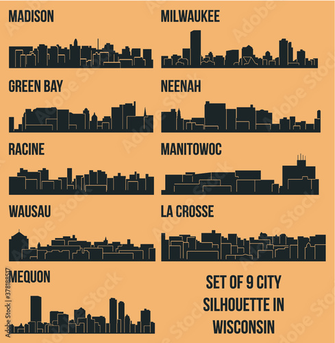 Set of 9 City Silhouette in Wisconsin ( Madison, La Crosse, Neenah, Wausau, Racine, Manitowoc, Green Bay, Mequon, Milwaukee )