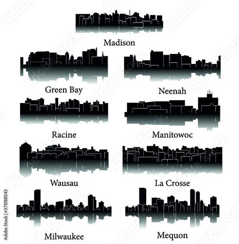 Set of 9 City Silhouette in Wisconsin ( Madison, La Crosse, Neenah, Wausau, Racine, Manitowoc, Green Bay, Mequon, Milwaukee )
