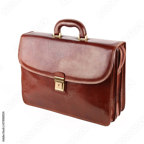 Business bag or case in brown leather. Isolated on white