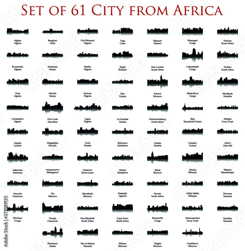 Set of 60 City Silhouettes from Africa ( Fez, Lusaka, East London, Lome, Togo, Kigali, Port Harcourt, Zanzibar, Meknes, Khartoum, Tunis, Marrakech, Morocco, South Africa, Johannesburg )