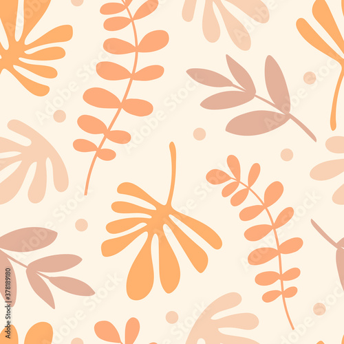 Seamless pattern with abstract leaves. Hand drawn vector illustration. Modern texture for print, textile, packaging.