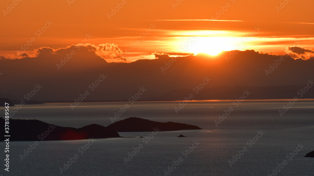 Beautiful sunset sky over western Skopelos, Sporades islands, Greece