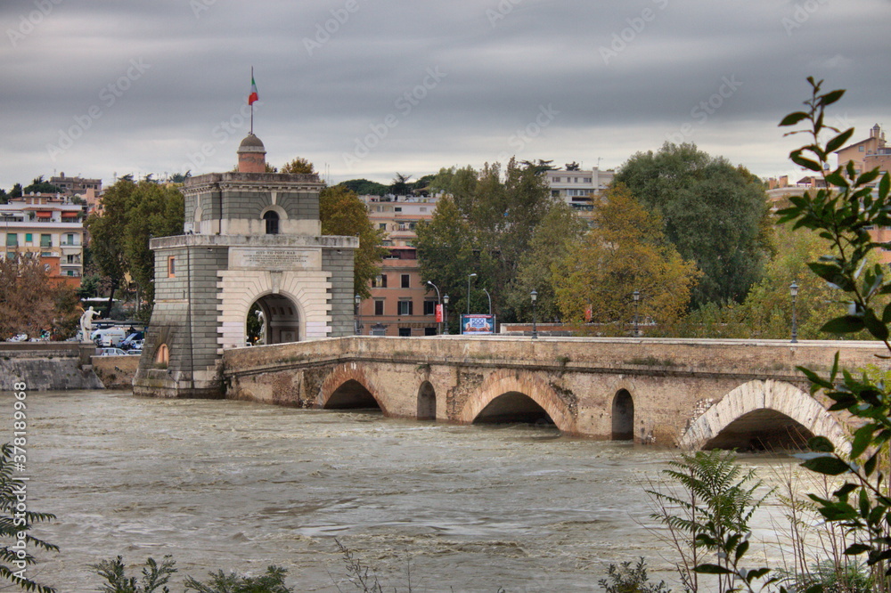 Milvio bridge during the flood of the river Tevere. Rome, Italy