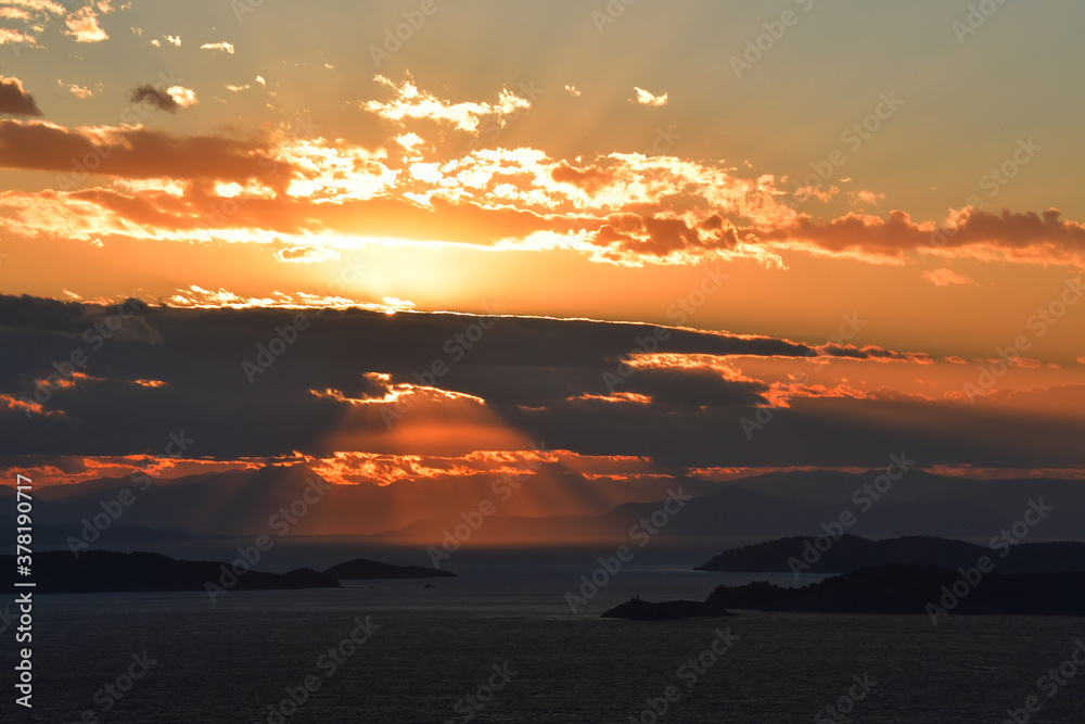 Beautiful sunset sky over western Skopelos, Sporades islands, Greece