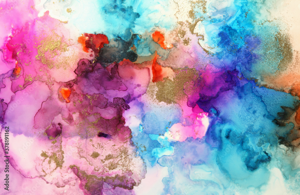 Fototapeta premium Art Abstract watercolor and acrylic flow blot painting. Color horizontal canvas texture background.