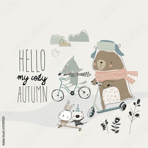 Happy animals doing sport in autumn forest