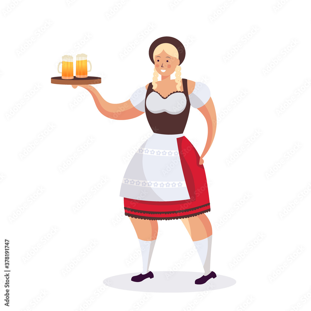 girl waitress holding beer mugs Oktoberfest party celebration concept woman in german traditional clothes having fun full length isolated vector illustration girl waitress holding beer mugs Oktoberfest party celebration concept woman in german traditional clothes having fun full length isolated vector illustration