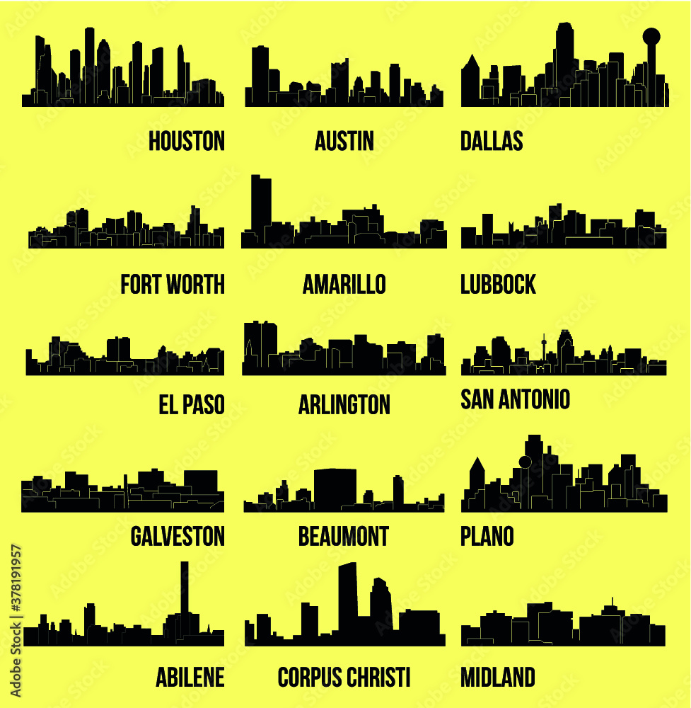 Set of 15 City Silhouette in Texas ( Houston, Austin, Dallas, Fort Worth, Amarillo, Lubbock, El Paso, Arlington, San Antonio, Galveston, Plano, Beaumont, Abilene, Corpus Christi, Midland )