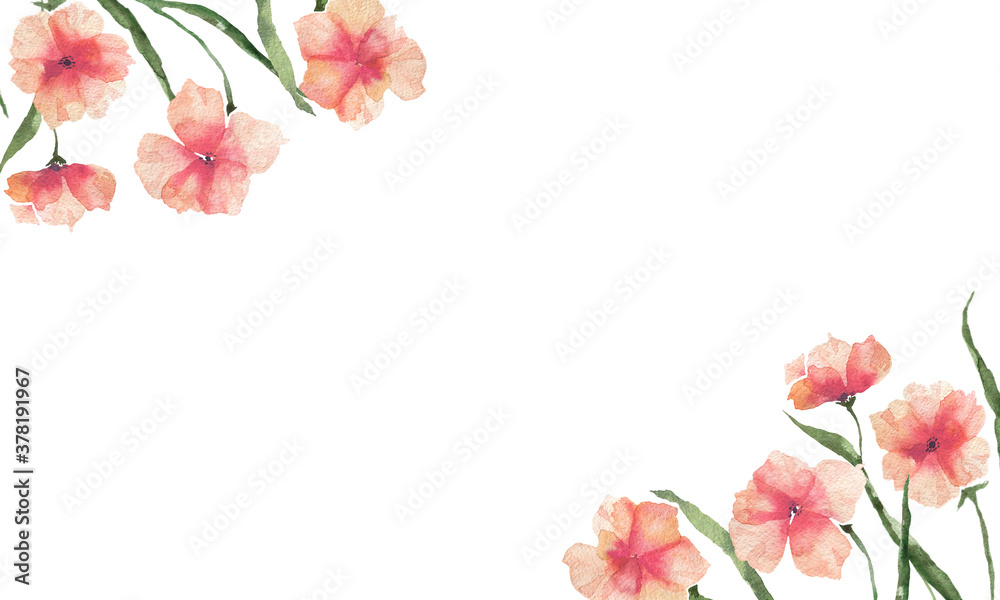 Border with watercolor orange flowers on a white background. Watercolor illustration for the decoration of weddings, postcards, fabric, posters.