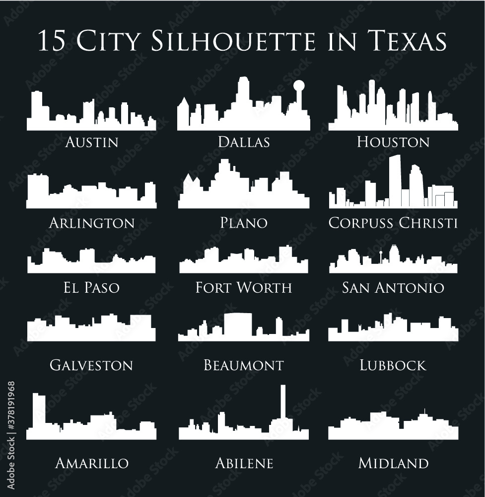 Set of 15 City Silhouette in Texas ( Houston, Austin, Dallas, Fort Worth, Amarillo, Lubbock, El Paso, Arlington, San Antonio, Galveston, Plano, Beaumont, Abilene, Corpus Christi, Midland )