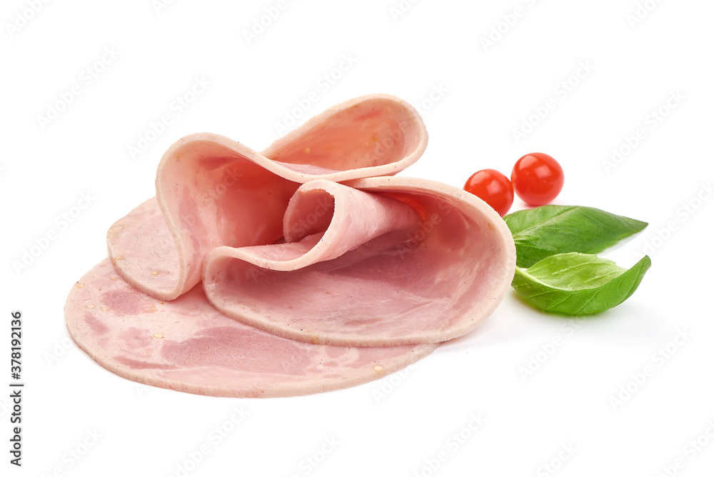 Boiled ham slices, isolated on white background Boiled ham slices, isolated on white background