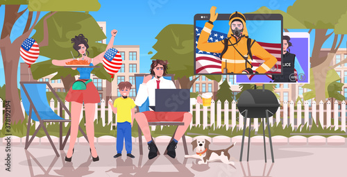 people discussing with firefighter and police officer in web browser windows family having fun on picnic barbecue party self isolation full length horizontal vector illustration