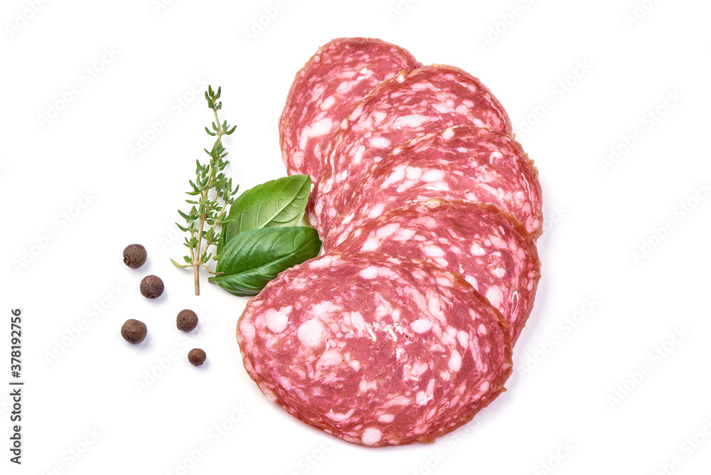 Salami sausage slices, isolated on white background Salami sausage slices, isolated on white background