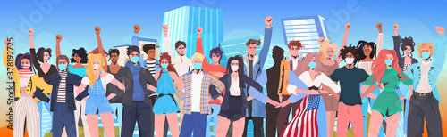 mix race people crowd in masks with raised up hands standing together labor day celebration coronavirus quarantine concept cityscape portrait horizontal vector illustration