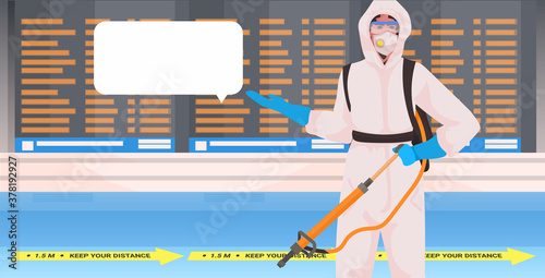 professional cleaner in hazmat suit janitor cleaning and disinfecting floor to prevent coronavirus pandemic airport terminal interior horizontal portrait vector illustration