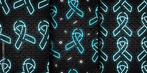 Vector set of realistic isolated neon sign of seamless pattern with Blue Ribbon logo for decoration and covering on the seamless wall. Concept of November, Prostate cancer awareness month.