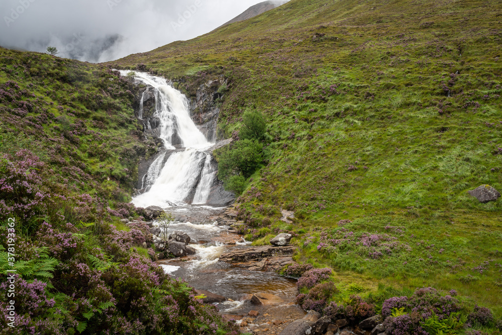 View of Blackhill waterfall on Isle of Skye, Scotland. Blooming purple heather growing along a stream