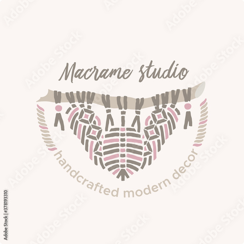 Macrame logo. Rustic warm logotype for handcrafted bohemian home decor, hobby studio, craft shop or artisans. Textile cozy wall hanger