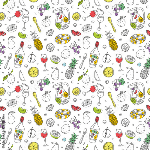 Sangria drink seamless pattern with bottle, pitcher, glass, fruit, ice and wooden spoon