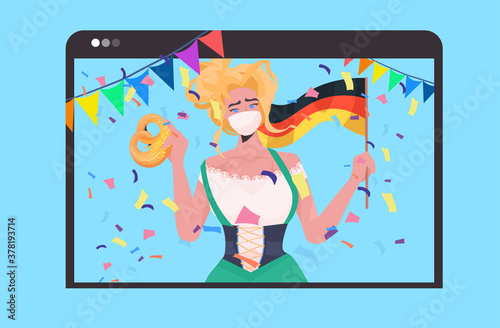 woman in mask salty pretzel and flag Oktoberfest party festival celebration self isolation coronavirus pandemic concept web browser window portrait horizontal vector illustration