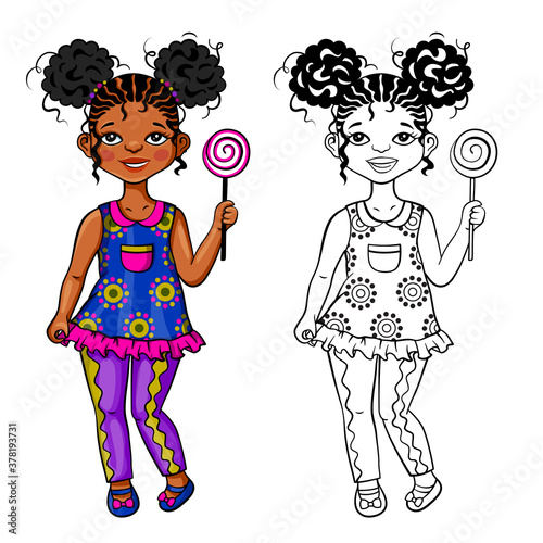 African small girl with hair style in two puffs, 5-10 years old. Additional illustration in black and white for colored page background