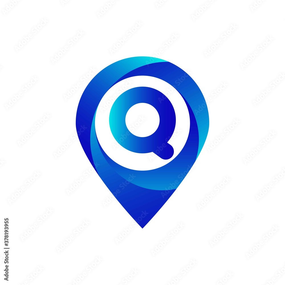 Pin location q letter logo. Location, Map, Pin, Hotel Blue gradient logo Pin location q letter logo. Location, Map, Pin, Hotel Blue gradient logo