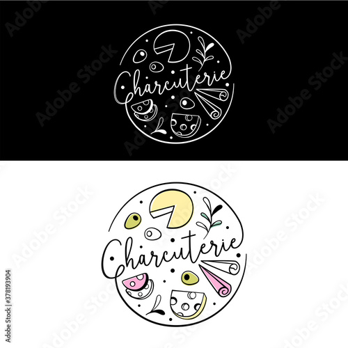 Charcuterie board logo for grazing boxes, appetizing tables or catering companies. Top view. Editable stroke