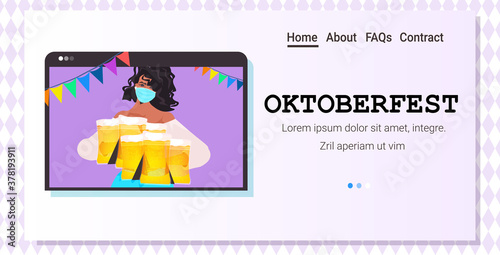 woman in mask holding beer mugs Oktoberfest party festival celebration self isolation coronavirus pandemic concept web browser window portrait horizontal copy space vector illustration