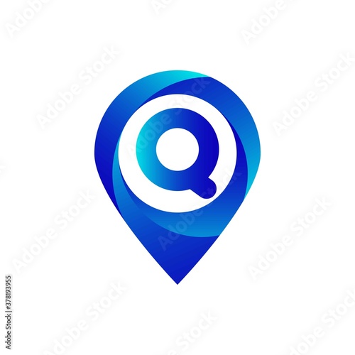 Pin location q letter logo. Location, Map, Pin, Hotel Blue gradient logo photo